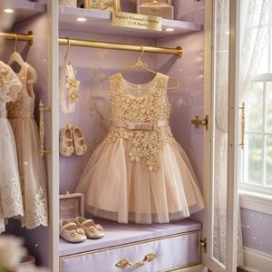 Think Pink Lovely Floral Applique Sparkle Lace in Gold/Cream Hues, S-12/18m, NWT